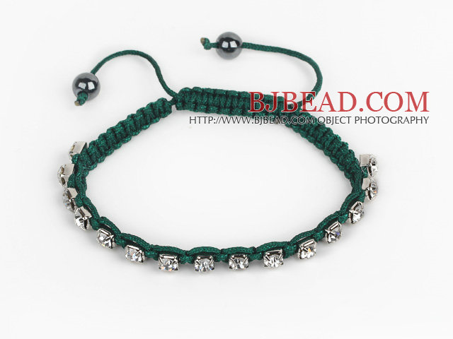 5 Pieces Dark Green Thread and White Square Shape Rhinestone and Hematite Woven Adjustable Drawstring Bracelets