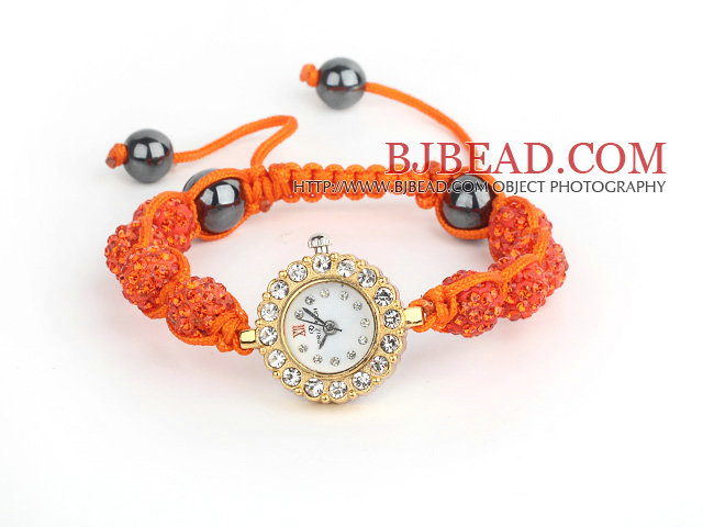 Fashion Style Orange Red Rhinestone Ball Adjustable Drawstring Bracelet with Golden Color Watch