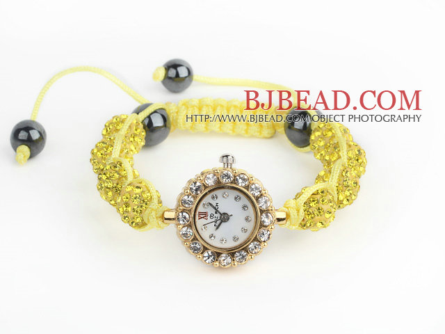 Fashion Style Lemon Yellow Rhinestone Ball Adjustable Drawstring Bracelet with Golden Color Watch