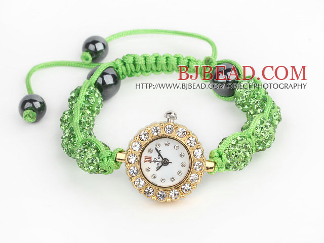 Fashion Style Apple Green Rhinestone Ball Adjustable Drawstring Bracelet with Golden Color Watch