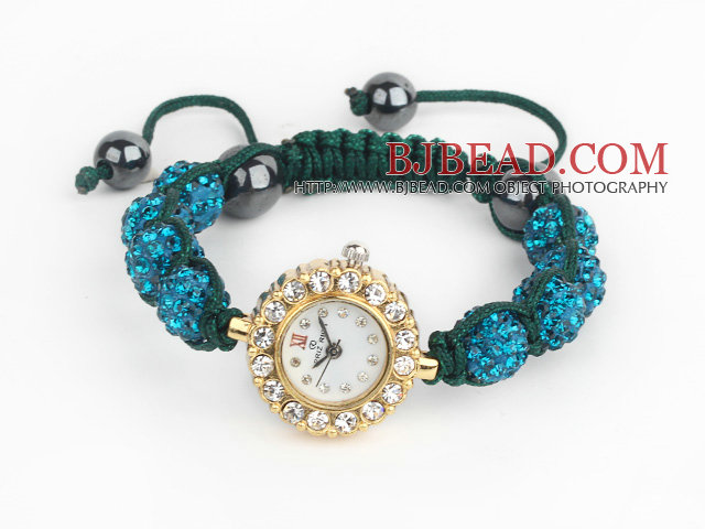 Fashion Style Peacock Blue Rhinestone Ball Adjustable Drawstring Bracelet with Golden Color Watch