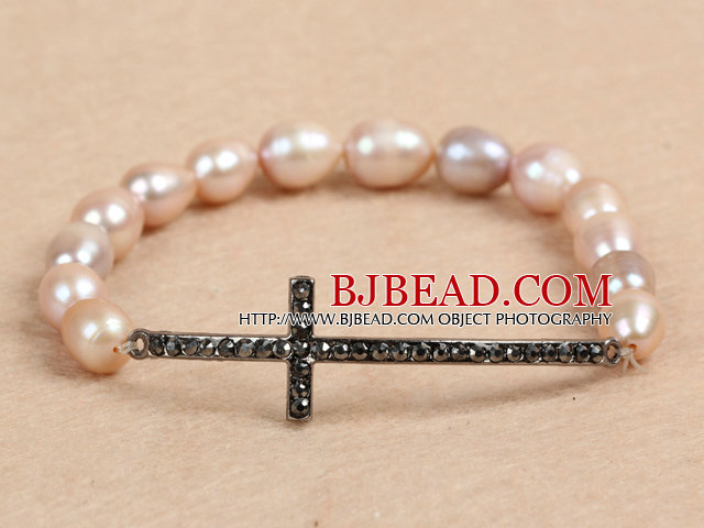 Hot Sale 7-8mm Natural Rice Pearl Stretch Bracelet with Rhinestone Cross Charm