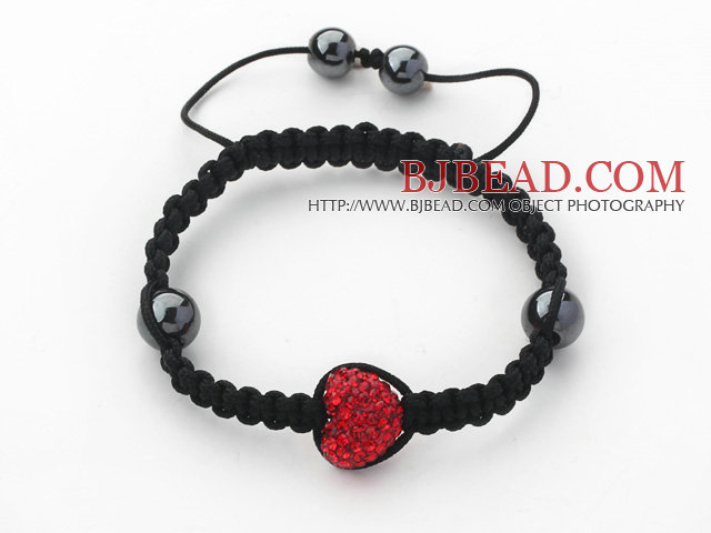Fashion Style Heart Shape Red Rhinestone and Hematite and Black Thread Woven Adjustable Drawstring Bracelet