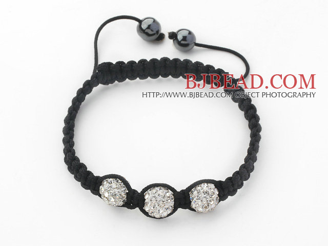 3 Pieces Round White Rhinestone Ball and Hematite and Black Thread Woven Adjustable Drawstring Bracelets ( Total 3 Pieces Bracelets)