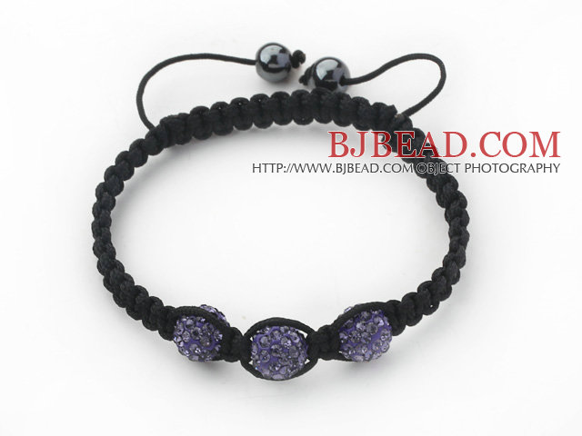 3 Pieces Round Purple Rhinestone Ball and Hematite and Black Thread Woven Adjustable Drawstring Bracelets ( Total 3 Pieces Bracelets)