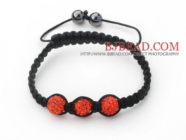 3 Pieces Round Orange Red Rhinestone Ball and Hematite and Black Thread Woven Adjustable Drawstring Bracelets ( Total 3 Pieces Bracelets)