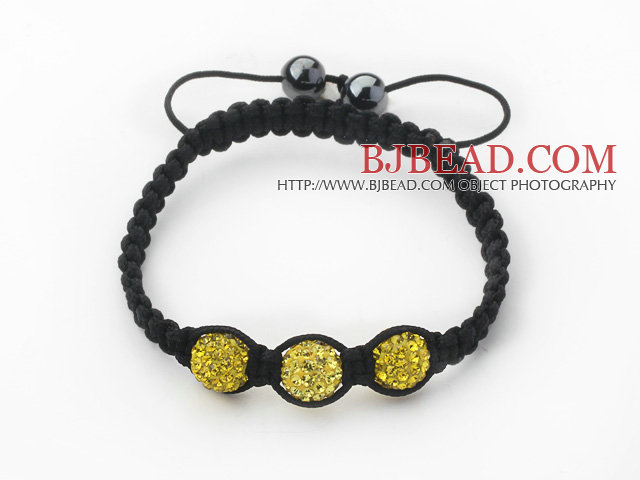3 Pieces Round Bright Yellow Rhinestone Ball and Hematite and Black Thread Woven Adjustable Drawstring Bracelets ( Total 3 Pieces Bracelets)