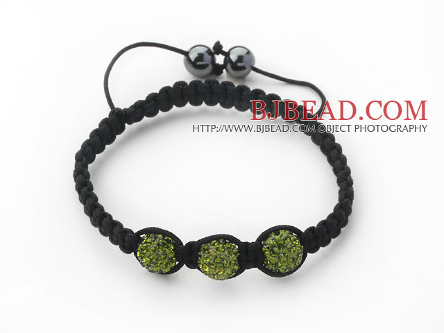 3 Pieces Round Forest Green Rhinestone Ball and Hematite and Black Thread Woven Adjustable Drawstring Bracelets ( Total 3 Pieces Bracelets)