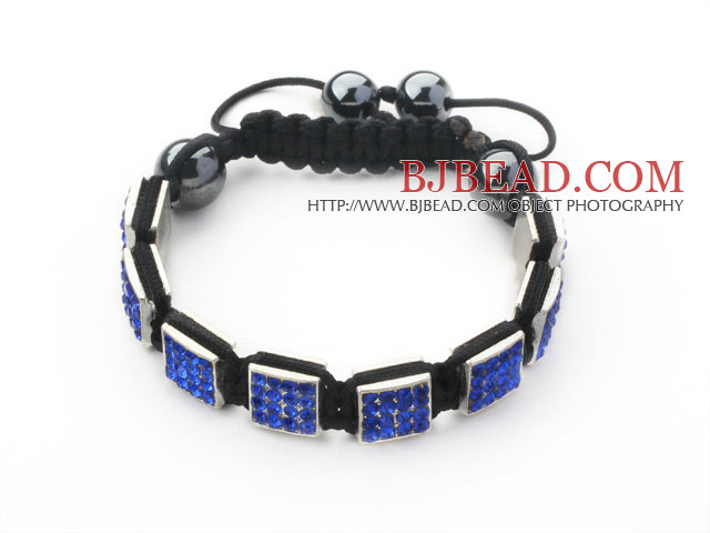 Square Shape Dark Blue Color Rhinestone Sheet and Hematite and Black Thread Woven Adjustable Drawstring Bracelet