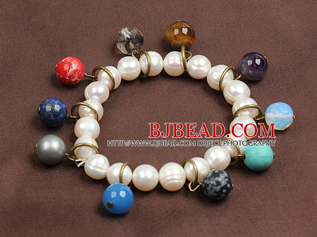 Summer Beach Jewelry 9-10Mm Natural White Pearl Elastic/ Stretch Bracelet With Multi-Gemstone Beaded Charms