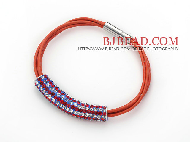 Red and White Tube Shape Rhinestone Bracelet with Orange Leather and Magnetic Clasp