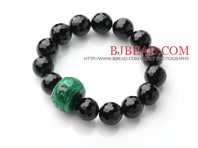 Single Strand A Grade Faceted Black Agate And Drum Shape Green Jade Elastic Bracelet
