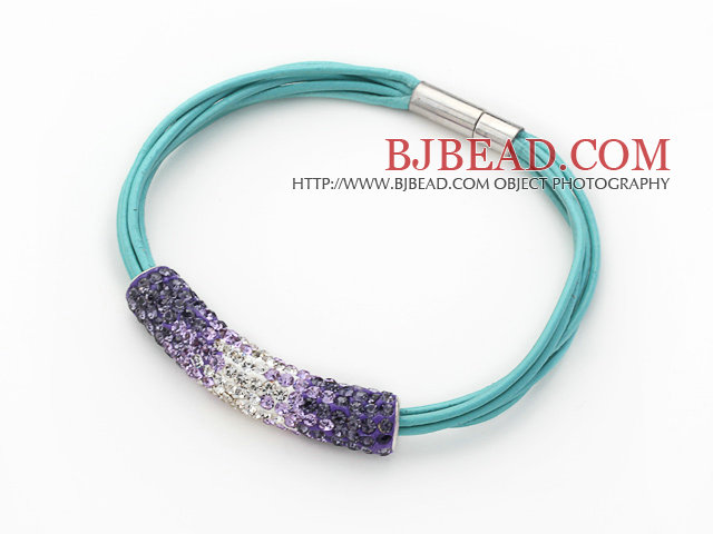Purple and White Tube Shape Rhinestone Bracelet with Blue Leather and Magnetic Clasp