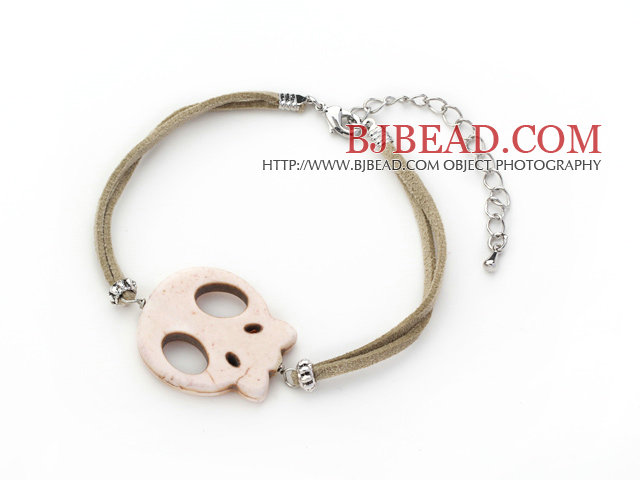 10 Pieces White Howlite Skull Bracelet with Gray Soft Leather and Extendable Chain