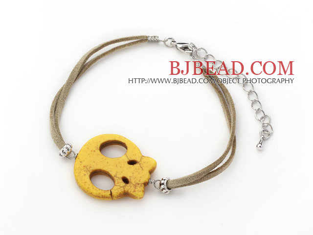 10 Pieces Dyed Yellow Turquoise Skull Bracelet with Gray Soft Leather and Extendable Chain