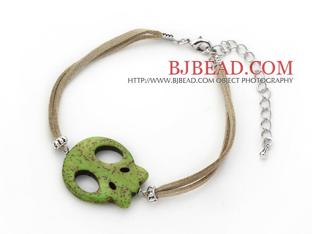 10 Pieces Dyed Green Turquoise Skull Bracelet with Gray Soft Leather and Extendable Chain