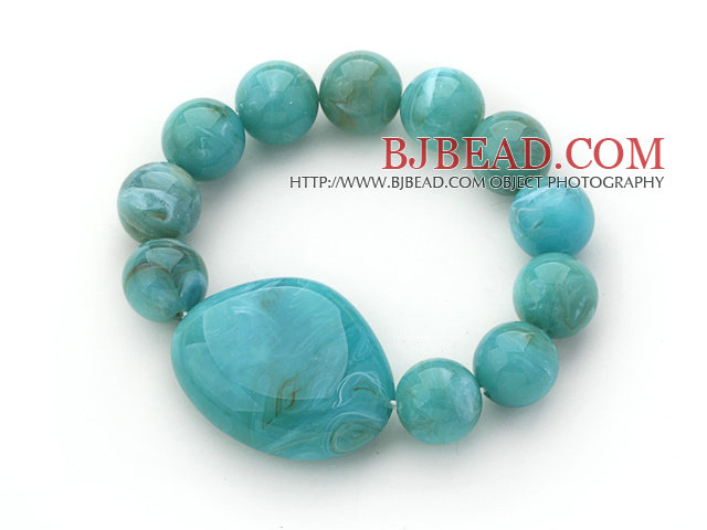 3 Pieces Lake Blue Color Round Acrylic Beaded Stretch Bangle Bracelets