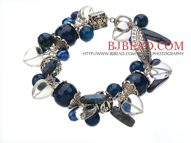 Vintage Style Heart Shape Clear Crystal Blue Agate Pearl Tibet Silver Accessory Bracelet With Toggle Clasp