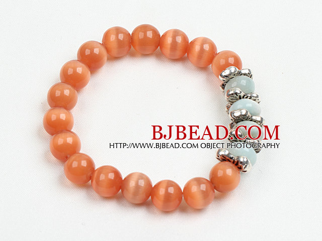 Summer Beach Jewelry Orange Cats Eye Stone And Amazon Stone Beaded Elastic/ Stretch Bracelet