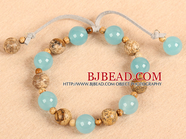 Simple Fashion Round Picture Jasper And Blue Jade Elastic Bracelet With Gray Leather Tassel