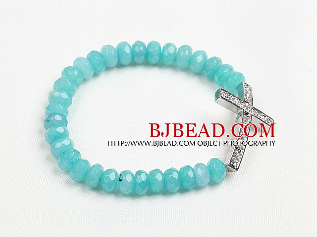 Summer Beach Jewelry Blue Jade Beaded Elastic/ Stretch Bracelet With Cross Charm