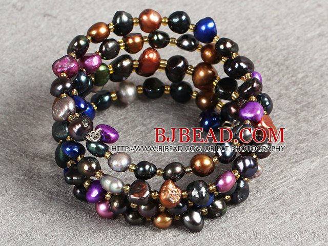 prevailing Multi Color Natural Freshwater Pearl 3 Strand Bangle Bracelet