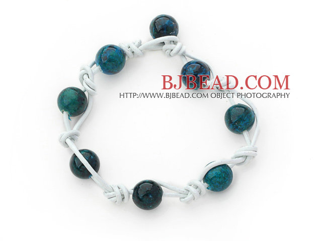 Round Shape Phoenix Stone Leather Bracelet with White Leather