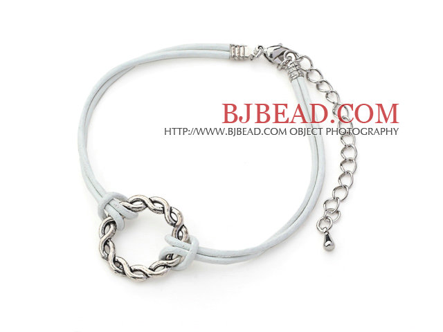 5 Pieces Round Shape Metal Ring Adjustable Leather Bracelets with White Leather