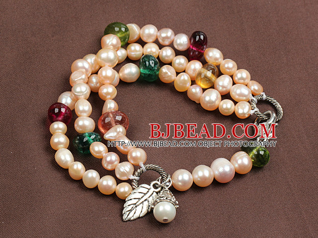 Fashion Three Strand Natural Pink Pearl And Multi Color Crystal Beads Bracelet