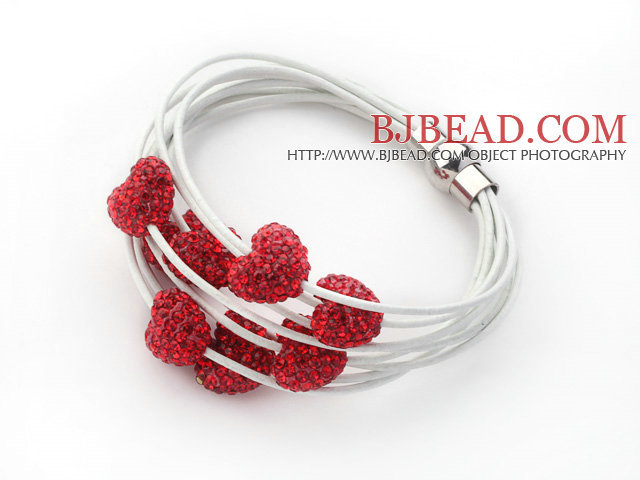 Red Color Heart Shape Rhinestone and White Leather Bracelet with Magnetic Clasp