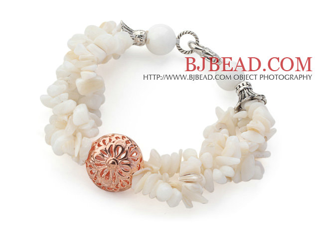 White Series White Shell Chips and White Sea Shell Bracelet with Golden Rose Color Ball