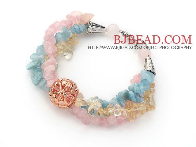 Assorted Aquamarine and Citrine and Rose Quartz Bracelet with Golden Rose Color Ball