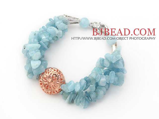 Light Blue Series Aquamarine Chips Bracelet with Golden Rose Color Ball