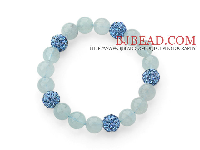 9-10mm Round Natural Aquamarine and Blue Rhinestone Ball Stretch Bracelet