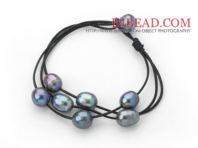 Multi Strands 10-11mm Black Freshwater Pearl Leather Bracelet with Black Leather