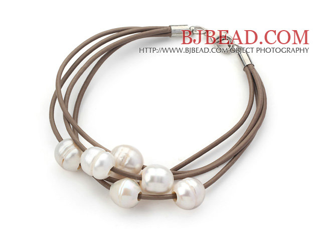 Multi Strands 10-11mm White Freshwater Pearl Leather Bracelet with Light Brown Leather