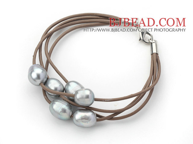 Multi Strands 10-11mm Gray Freshwater Pearl Leather Bracelet with Light Brown Leather