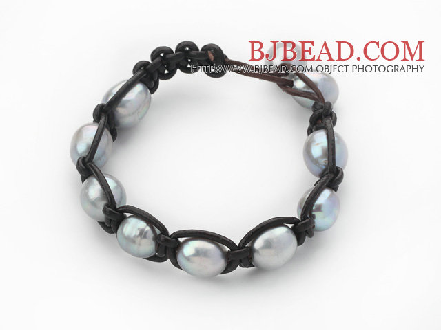 Fashion Style 10-11mm Gray Freshwater Pearl Wrapped Leather Bracelet with Black Leather