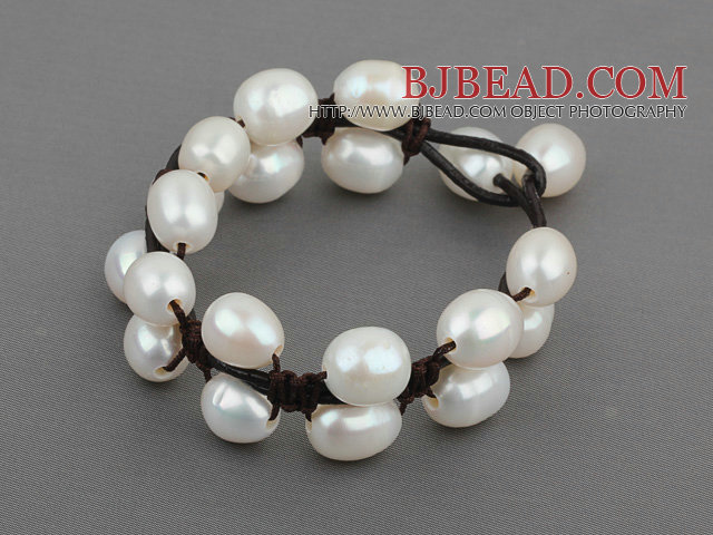 Double Layer 10-11mm White Freshwater Pearl Leather Bracelet with Black Leather