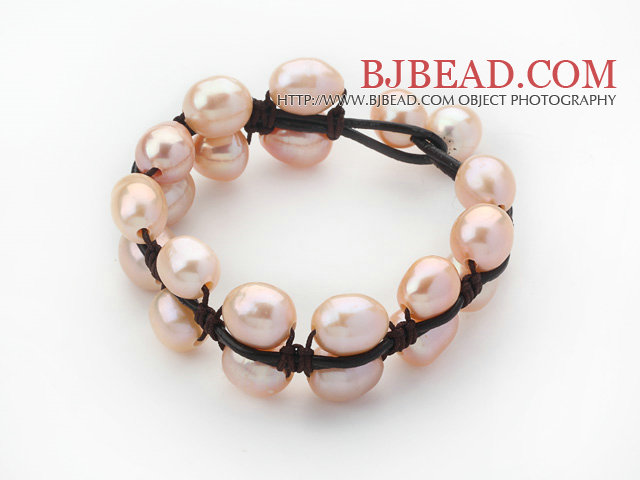 Double Layer 10-11mm Pink Freshwater Pearl Leather Bracelet with Black Leather