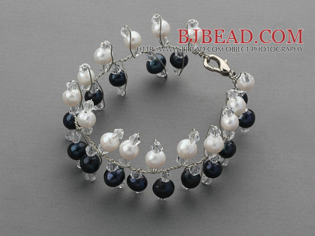 2013 Summer New Design Black and White Freshwater Pearl and Clear Crystal Bridal Bracelet