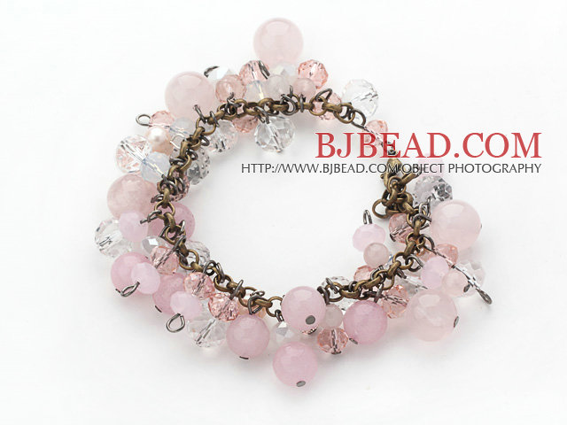 Vintage Style Pink Series Rose Quarta and Pink Crystal Bracelet
