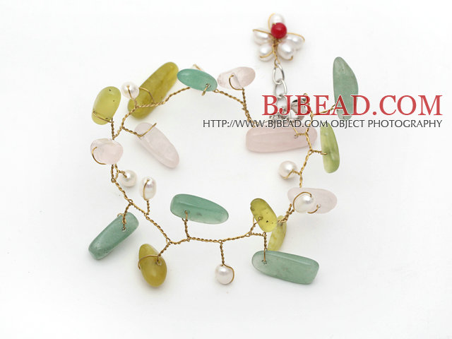 White Freshwater Pearl and Branch Shape Rose Quartz and Olive and Aventurine Wire Crocheted Multi Color Bracelet
