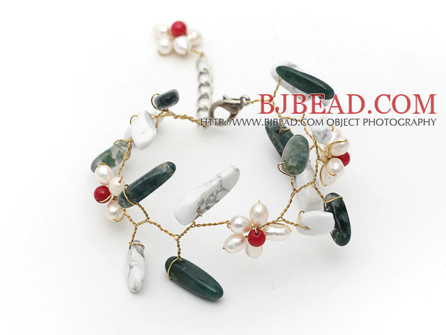 White Freshwater Pearl and Coral Flower and Branch Shape Indian Agate Wire Crocheted Bracelet