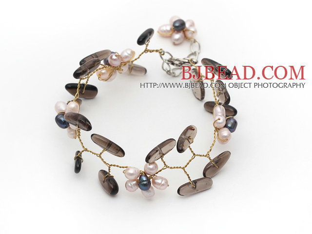 Pink Freshwater Pearl Flower and Branch Shape Smoky Quartz Wire Crocheted Bracelet