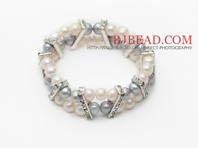 Two Rows 7-8mm Gray and White Round Freshwater Pearl Stretch Bangle Bracelet with Rhinestone Accessories