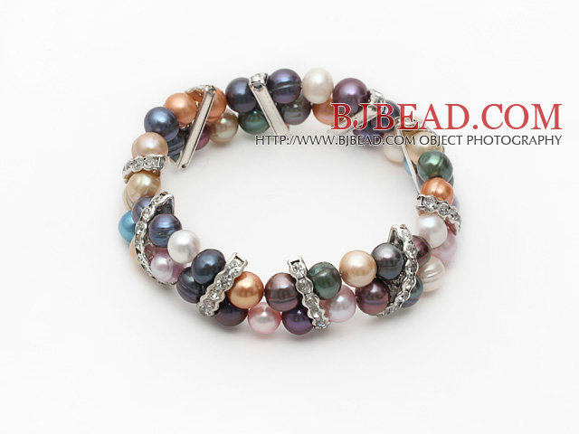 Assorted Multi Color 7-8mm Freshwater Pearl Stretch Bangle Bracelet with Rhinestone Accessories