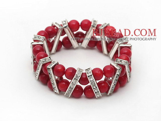 Two Rows Round 7mm Coral Stretch Bangle Bracelet with Rhinestone Accessories