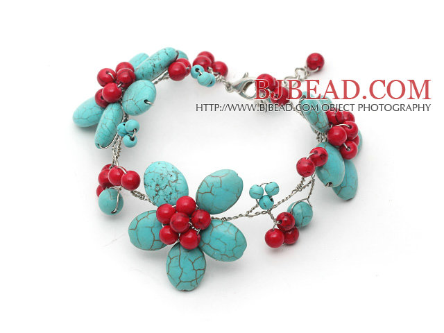 Assorted Green Turquoise and Alaqueca Flower Wire Crocheted Bracelet with Adjustable Chain