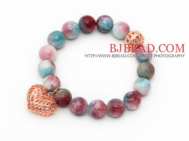 12mm Round Multi Color Jade Beaded Stretch Bracelet with Golden Rose Color Hollow Heart and Ball Accessories